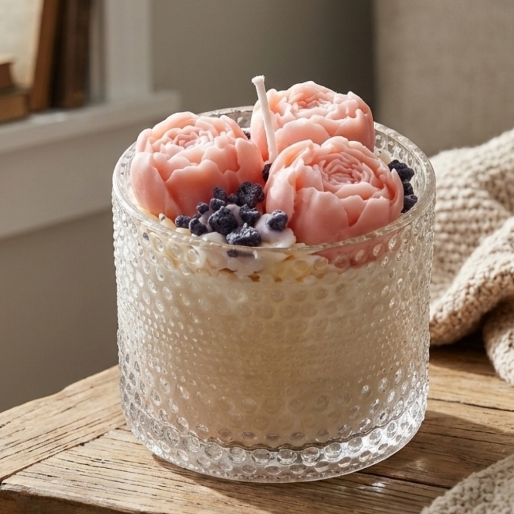 Hand-Poured Pink Peonie  Candle in Clear Textured Glass 12 Oz